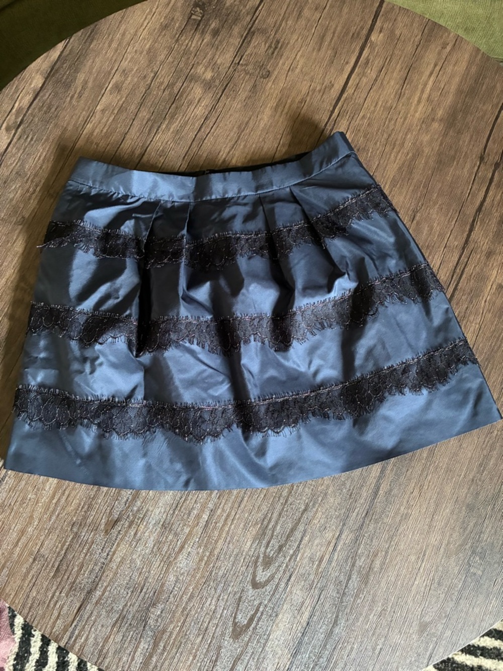 Women's Navy Satin A-Line Skirt with Black Lace Details